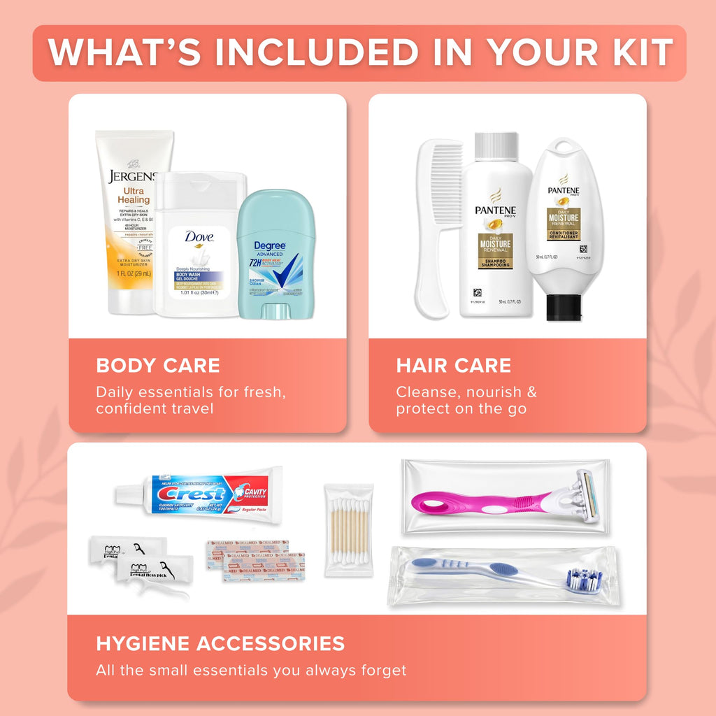 Women's Travel Hygiene Kit 15 Piece Essentials with Toiletry Bag