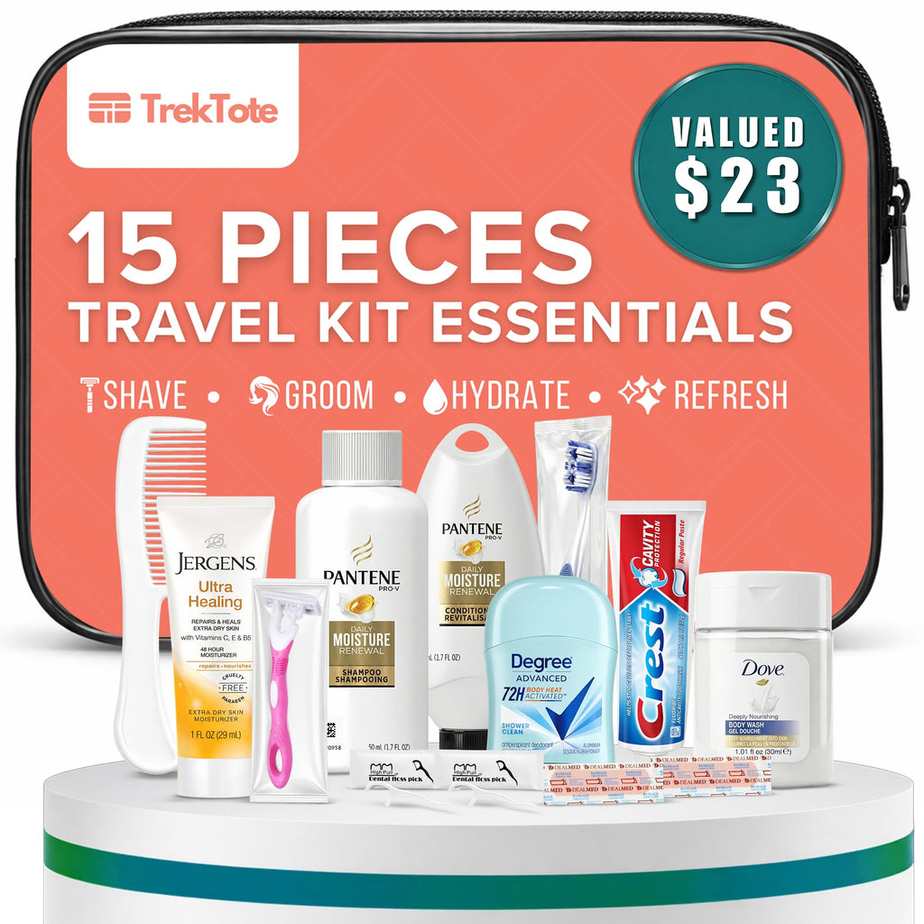 Women's Travel Hygiene Kit 15 Piece Essentials with Toiletry Bag