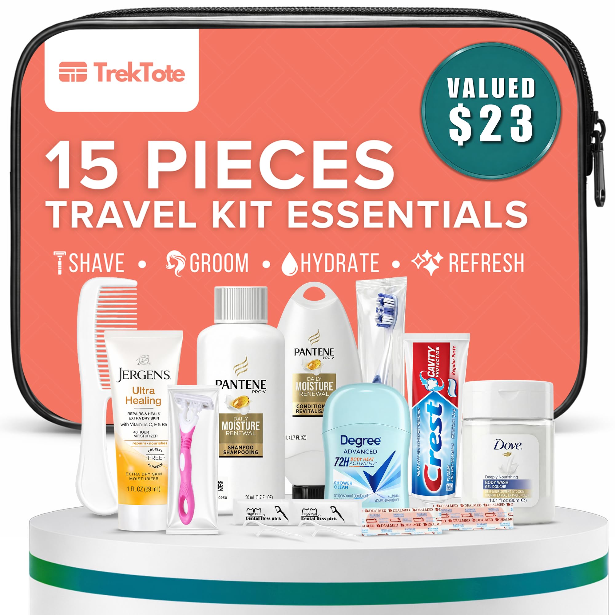Women's Travel Hygiene Kit 15 Piece Essentials with Toiletry Bag