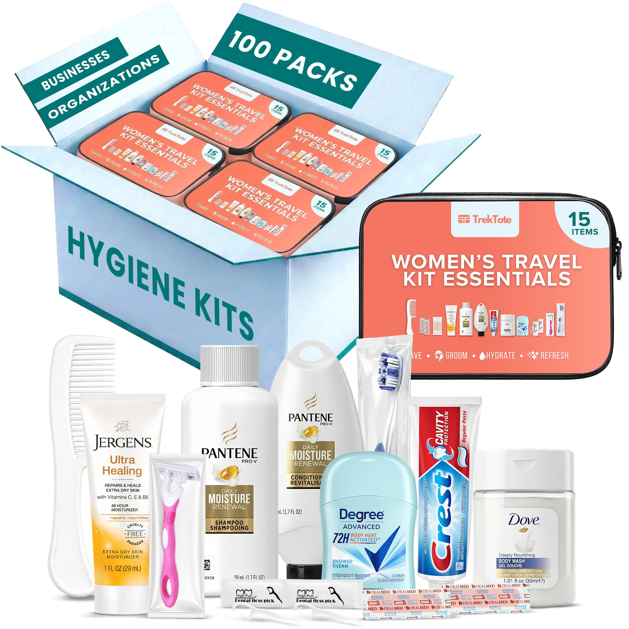 Women's Travel Hygiene Kit 15 Piece Essentials with Toiletry Bag