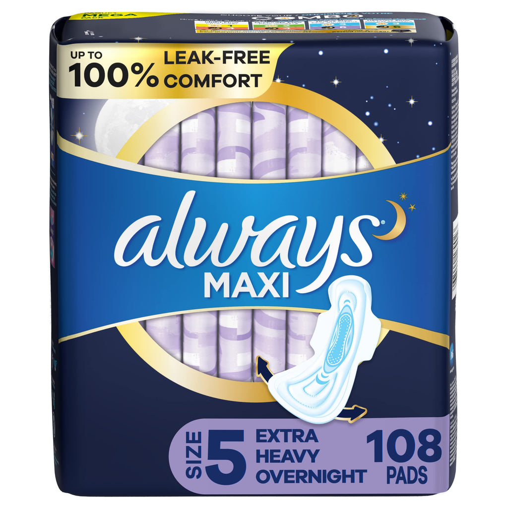 Maxi Feminine Pads Overnight Extra Heavy Absorbency 108 Count
